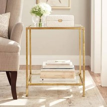Square Accent Side Table Gold Metal Frame Glass Top Bottom Shelf Sofa Table - $339.05 CAD