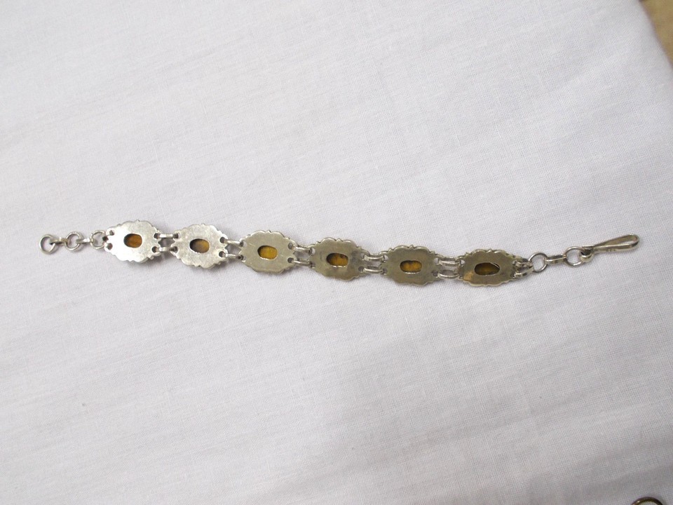 ESTATE STERLING SILVER w TIGERS EYE GEMS FLOWER DESIGN BRACELET ADJ SZ 7 - 8 Item image 4