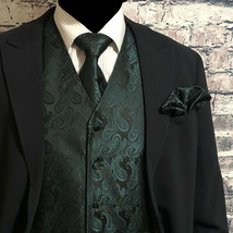 Dark Forest Green Paisley Tuxedo Suit Dress Vest Waistcoat &amp; Neck tie Ha... - £24.43 GBP+