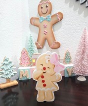 Christmas Pastel Gingerbread Girl Pink Peppermint Wood Tabletop Figurine 7&quot; - £18.18 GBP