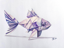 Pencil Drawing of a Origami Fish - Digital Print - $15.00