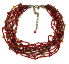 Chico&#39;s Multi Strand Faux Amber Red Coral Chip Seed Bead Necklace - £15.58 GBP