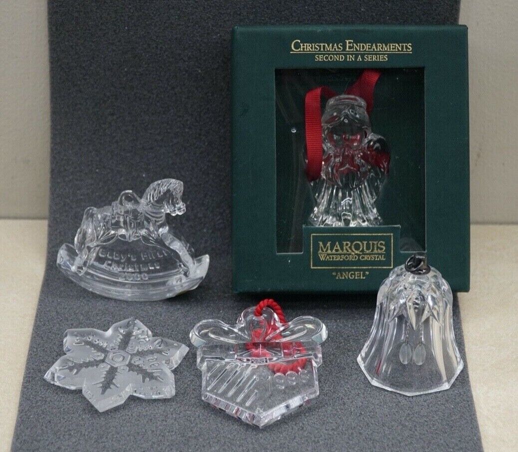 5 pc Waterford Crystal Christmas Ornaments Angel Present Rocking Horse Bell   - $64.99