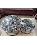 Agate Round Shape Patio Coffee Table Dark Gray Agate Stone Epoxy Art Dining Tabl - $1,580.00