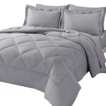 Queen Bed In A Bag 7-Pieces Comforter Set With Sheets Light Grey All Sea... - £88.09 GBP
