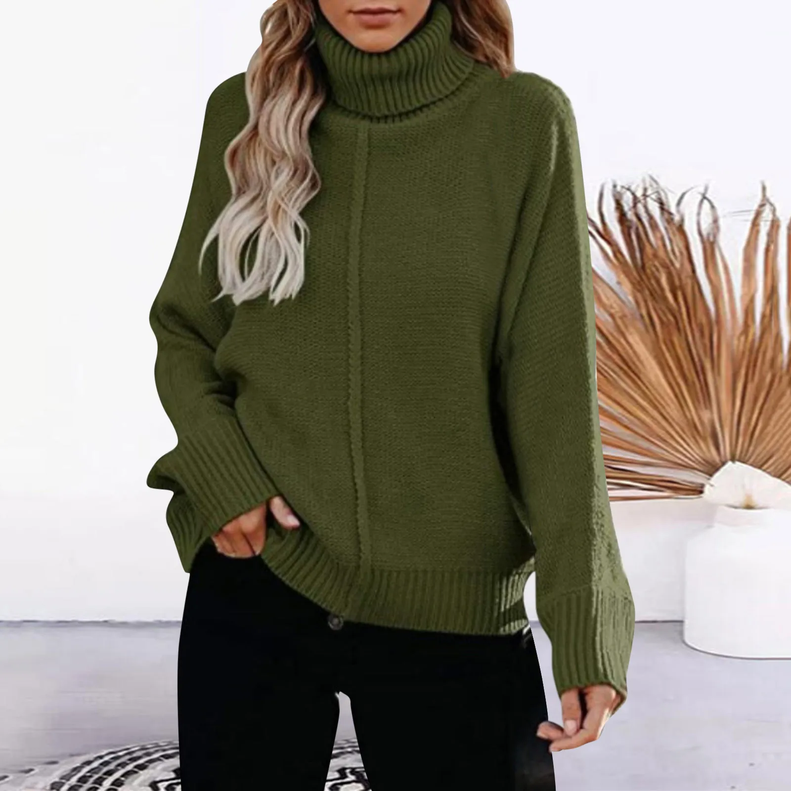 Women&#39;s neck  Oversized Elegant Knit Winter Jumper Woman Pullovers  Fall Blue Lo - £86.85 GBP