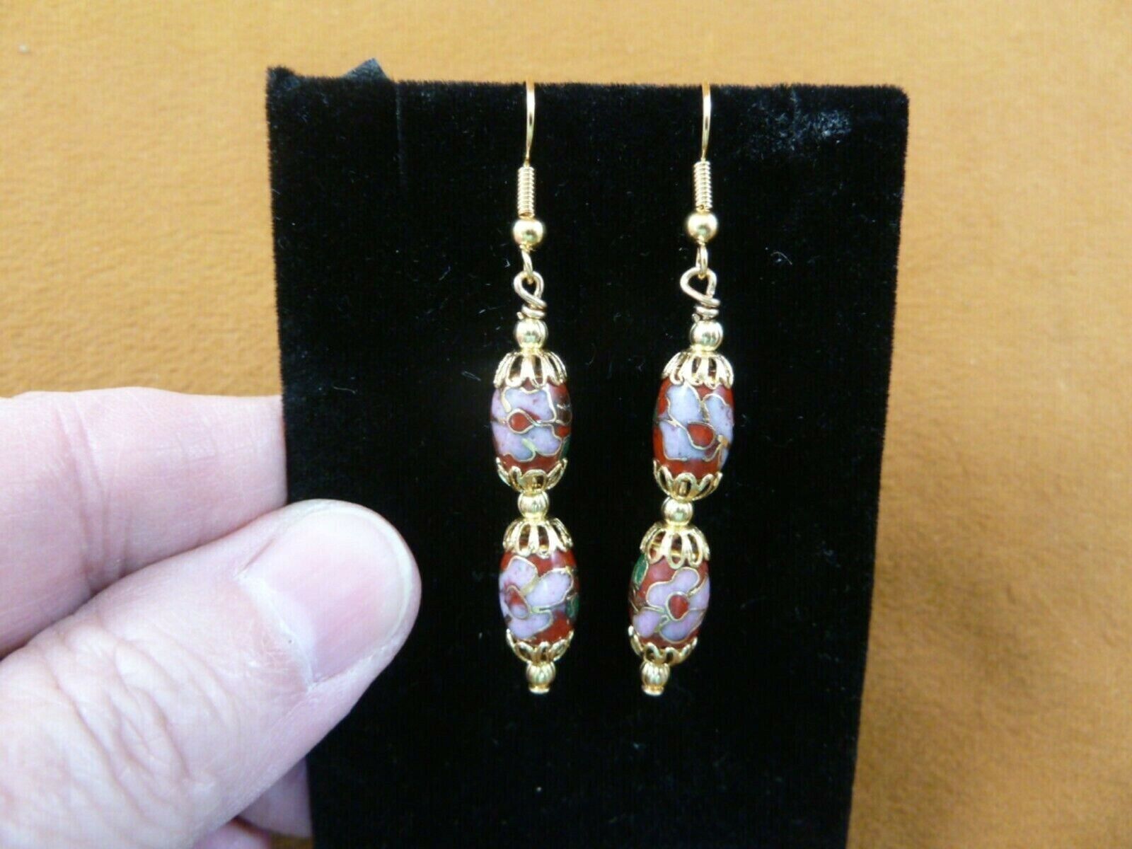 Primary image for EE604-280) 8x10mm Red white pink flower 2 CLOISONNE beads capped dangle EARRINGS
