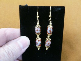 EE604-280) 8x10mm Red white pink flower 2 CLOISONNE beads capped dangle EARRINGS - $19.62