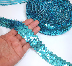 1 inch / 25mm wide - 9yds Turquoise Blue Stretch Round Sequins Elastic Band SQ9 - £10.22 GBP