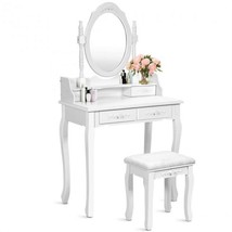 Wood Vanity Table Set with Oval Mirror for Kids Women-White - £158.79 GBP