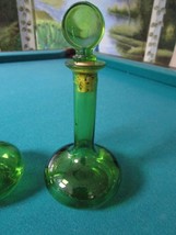 Midcentury Japan Green Glass Cruets With Stoppers Rare - £35.61 GBP