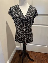 ARMANI COLLEZIONI Black Cream Geometric Print Cap Sleeve Silk Blouse SZ 12 - $78.21