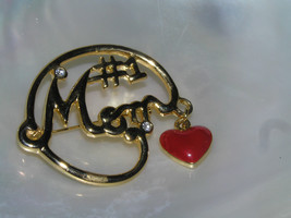 Estate SL Signed Goldtone Number 1 MOM with Red Enamel Heart Dangle Charm Pin - £9.73 GBP
