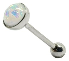 Tongue Bar Opal Set White Synthetic Gemstone 14g (1.6mm) Earring 316L Steel 16mm - £5.63 GBP