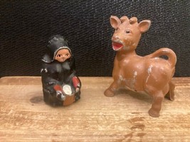 VINTAGE CAST IRON MILK MAIDEN WITH COW SALT &amp; PEPPER SHAKERS WITH CORK, 3&quot; - £7.39 GBP