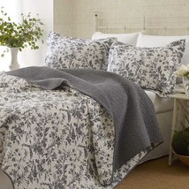 King size Cotton Blend 3-Piece Reversible Quilt Set in Grey White Floral Design - £192.14 GBP