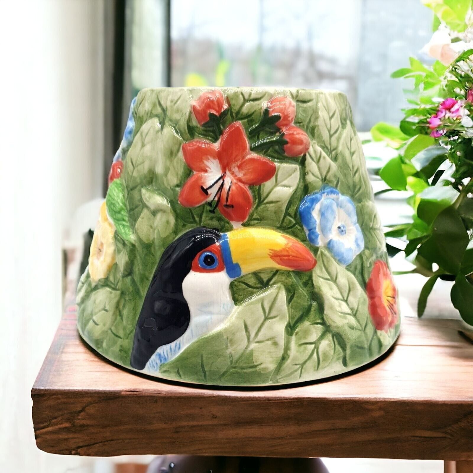 Yankee Candle Tropical Ceremic Candle Shade Lg Clean Hand Painted Parrot Tucan - £17.45 GBP