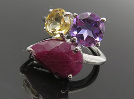 925 Sterling Silver - Ruby Amethyst &amp; Topaz Shiny Bypass Band Ring Sz 7 - RG8933 - £30.91 GBP
