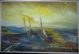 Vintage 60s Zoltan Perlmutter Signed Impasto Oil Painting Boats at Sea 36 x 55cm - £179.76 GBP