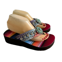 Montana West Sandals Flip Flops Thong Wedge Rhinestones Bling Aztec Size 9 - $26.13