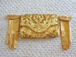 Vintage Gold Sequined Clutch Purse with Gloves (#3068) - £25.56 GBP