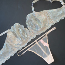 Victoria&#39;s Secret Foderati 34D,34DD,38D Reggiseno Set L Beige Argento Pizzo - £49.48 GBP