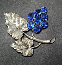 Vintage Silver-Tone Grape Cluster Brooch Blue Rhinestones MCM Statement Pin - $30.58