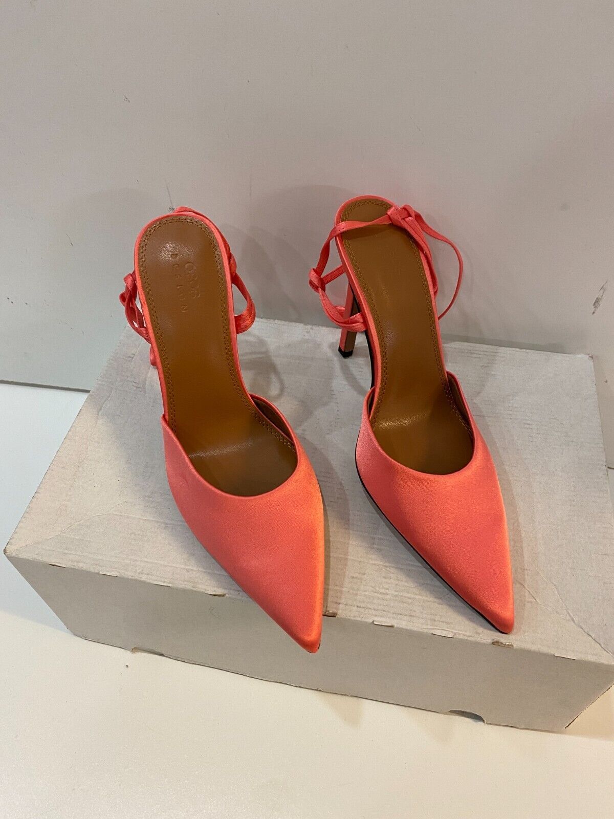 asos design prize tie leg high heeled shoes in coral (6)