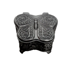 Vintage Metal Butterfly Shaped Embossed Jewelry Box Trinket Box Lid Footed Lined - £7.82 GBP