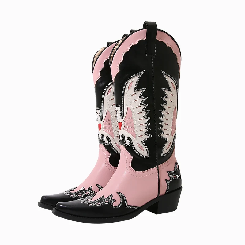 Embroidery Western boy Boot Women&#39;s  Heel High Boots Below The Knee Pink Slip on - £157.87 GBP