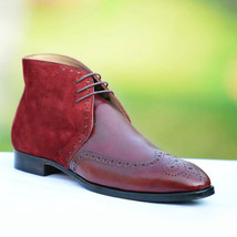 Wing Tip Brogues Toe Maroon Brown Tone Chukka Oxford Genuine Leather Men Boots - £127.72 GBP+