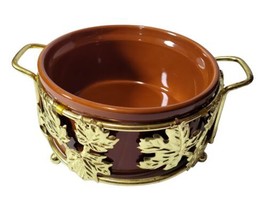 Vtg Teleflora Gold Leaf Pattern Brass Casserole Dish Holder With Ceramic Dish - £10.41 GBP