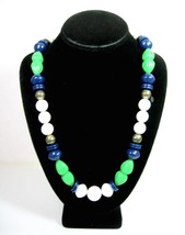 Bright Green Dark Blue &amp; White Beaded Necklace Vintage Teardrop Bead 30&quot; - £11.98 GBP