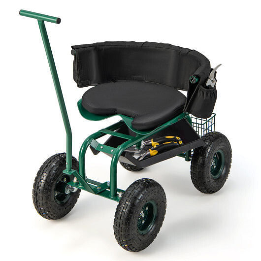 Primary image for Rolling Garden Cart with Height Adjustable Swivel Seat and Storage Basket-Green