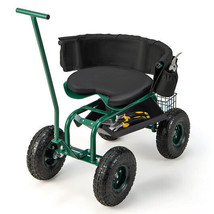 Rolling Garden Cart with Height Adjustable Swivel Seat and Storage Baske... - £177.89 GBP
