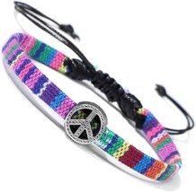 Boho Colorful Woven Cloth Surfer Bracelets with Peace Charm Adjustable S... - £27.58 GBP