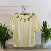 Talbots Sweater Top Womens Petite L Yellow SSleeve Pineapple W/ Sequin P... - $19.79