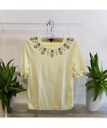 Talbots Sweater Top Womens Petite L Yellow SSleeve Pineapple W/ Sequin P... - $27.06 CAD