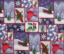 Cardinals Fabric Christmas Flannel Red Birds Cardinal Sleigh Blue Pine Trees  - £8.84 GBP
