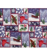 Cardinals Fabric Christmas Flannel Red Birds Cardinal Sleigh Blue Pine T... - $11.25