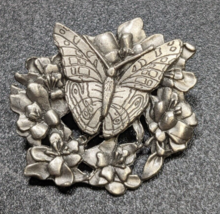 Butterfly &amp; Flowers - Pewter Brooch Pin by Birds &amp; Blooms Limited Edition 1998 - £7.90 GBP