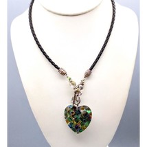 Vintage Abalone Tile Heart Pendant on Braided Leather and Crystal Necklace, Merm - £37.76 GBP