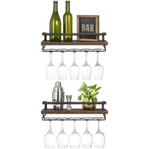 Wall Mounted Wine Rack Set Of 2 Wood Rustic Wine Bottle Glass Floating Shelves W - £42.70 GBP