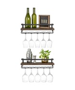 Wall Mounted Wine Rack Set Of 2 Wood Rustic Wine Bottle Glass Floating S... - £40.71 GBP