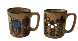 Vintage Hand-Painted Ceramic Mugs Set Of 2 With Floral Design Speckled Beige - $20.90