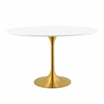 48&quot; White Oval Lacquered Wood Top Pedestal Stem Dining Table Gold Metal Base - £587.50 GBP