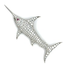 Platine Swordfish Broche W / 5.25 CT Diamants Et 0.05 CT Rubis Eye 11.90g - $6,296.33
