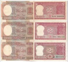 India, 2 Rupees Set of 6, All Different Sign Old Issues Banknote - $8.42
