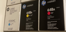 HP  CE261A CE262A CE263A Toners 648A Genuine Sealed set of 3 Color, No BLK - $116.88