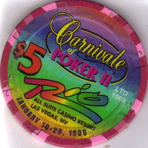 Carnivale Of Poker Ii Jan 10-29th 1999 $5 Rio Las Vegas Casino Chip - $11.95